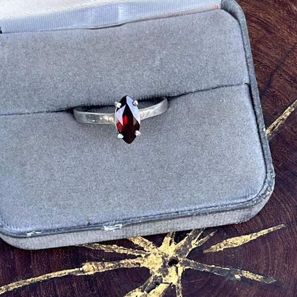 Vintage Jewelry - Sterling Silver Solitaire Cocktail Ring with Red Stone Size 8 1/2